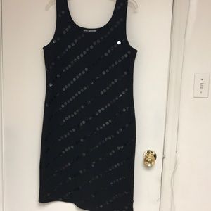 Black sleeveless sweater dress with sequins